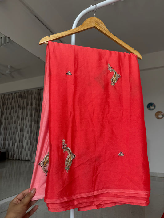 Polly chinnon saree with beautiful paan buti
