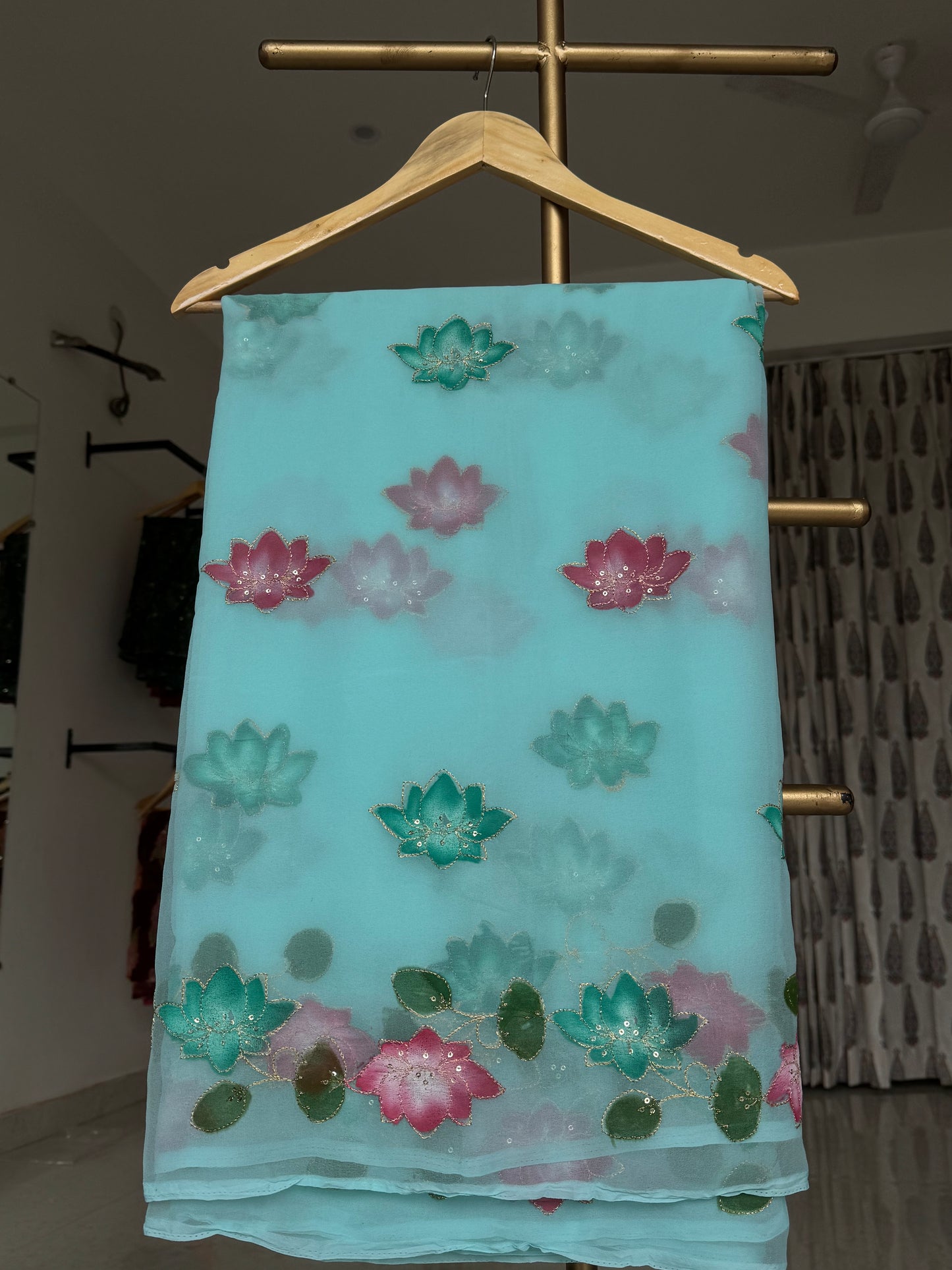 Brush paint saree with aari sitara work