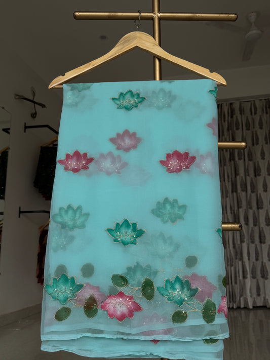 Brush paint saree with aari sitara work