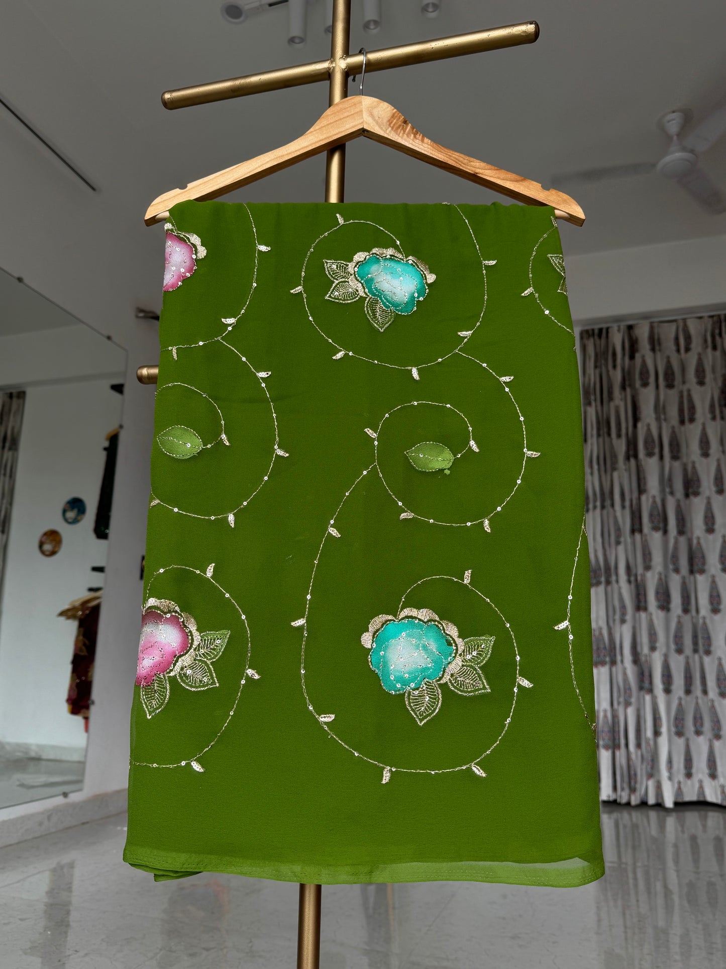 Brush paint saree with aari sitara work
