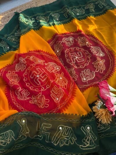 Mirror aari work bandhani saree