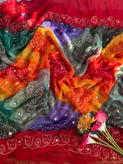 Mirror aari work bandhani saree