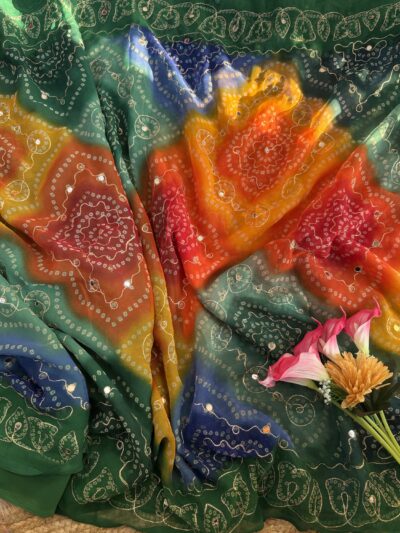 Mirror aari work bandhani saree