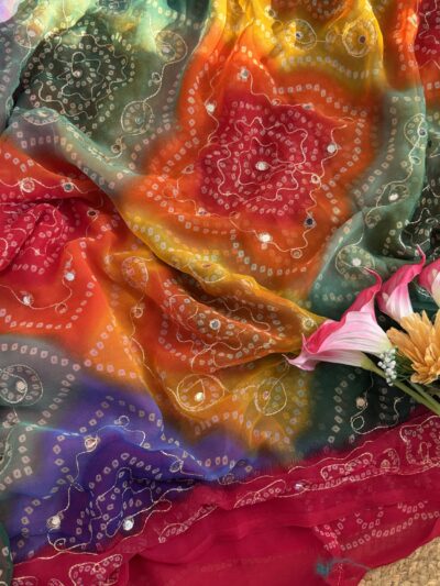 Mirror aari work bandhani saree