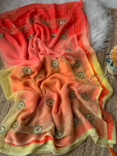 Multi colour saree with aari sitara work