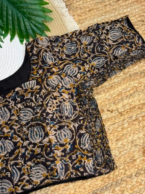 Kalamkari print side strechable blouse Yellow