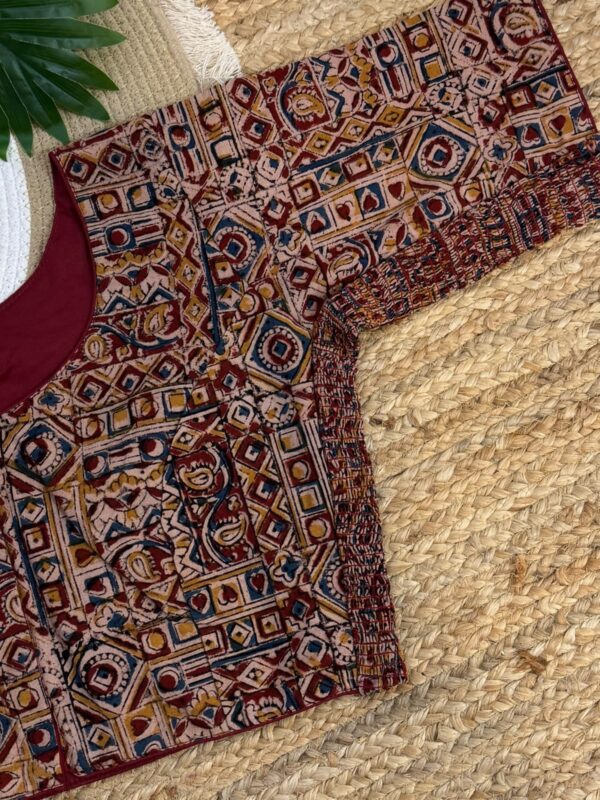 Kalamkari print side strechable blouse Brown
