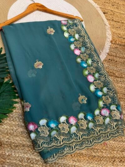 Brush paint with aari sitara work Dark Green