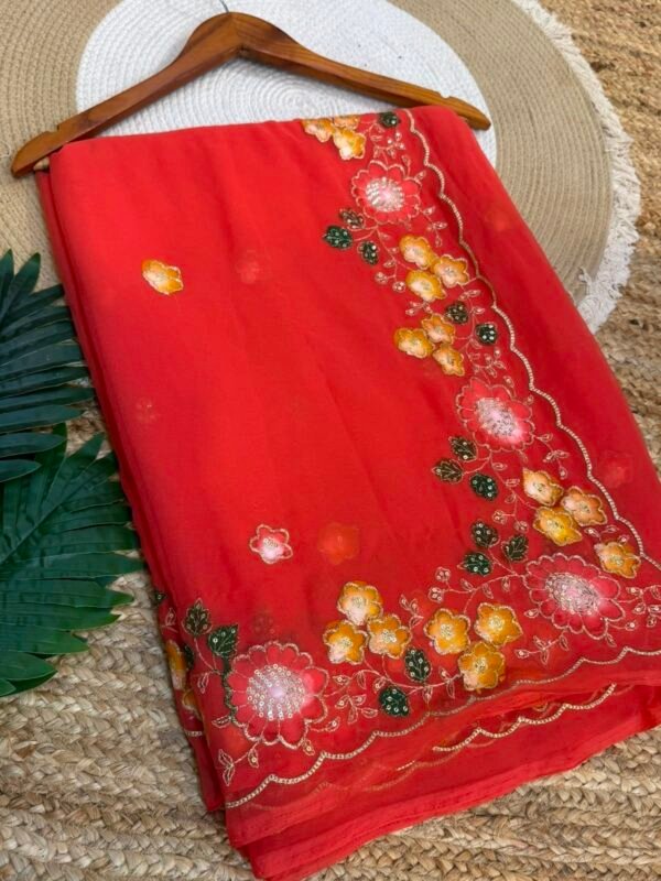 Brush paint with aari sitara work Red