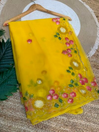 Brush paint with aari sitara work Yellow