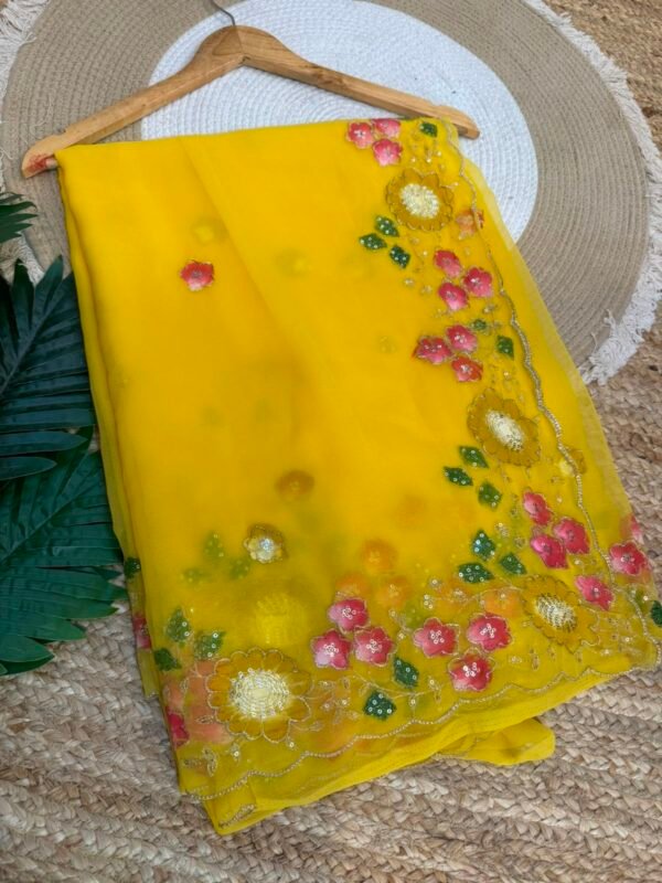 Brush paint with aari sitara work Yellow