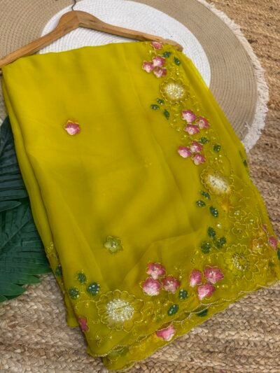 Brush paint with aari sitara work Yellow