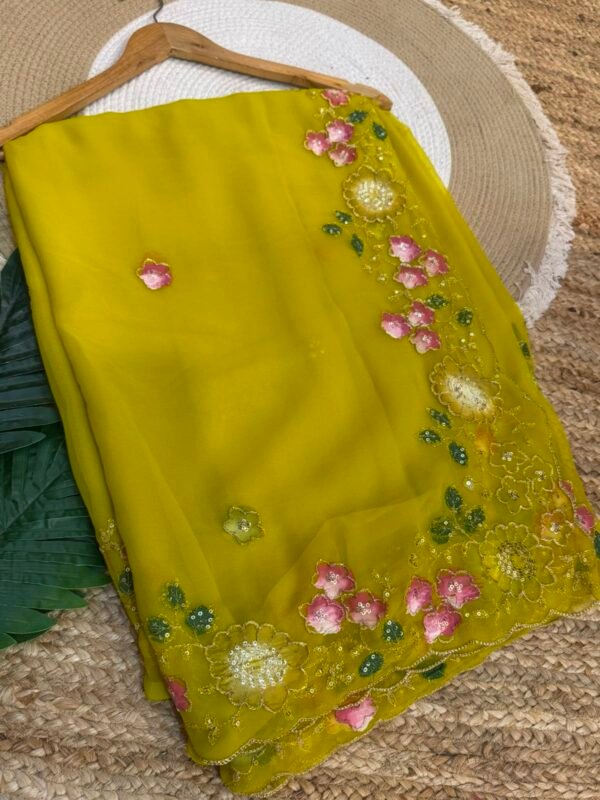 Brush paint with aari sitara work Yellow
