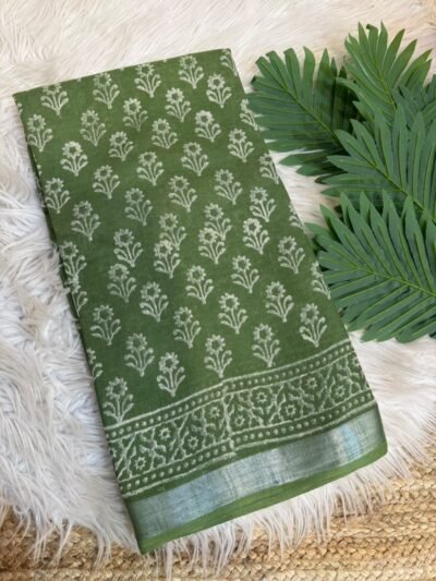 Handblock printed saree Green
