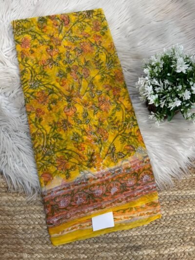 Pure Handblock printed saree Yellow