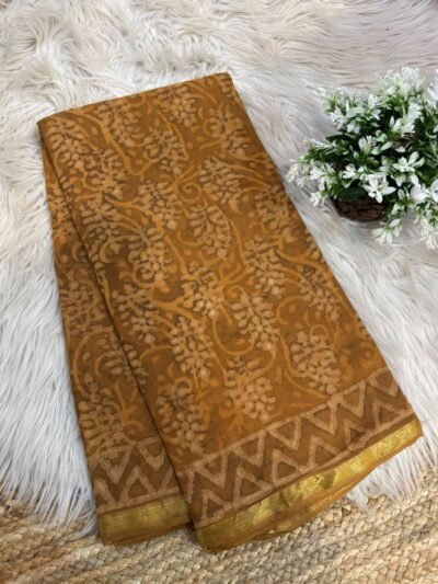 Handblock printed saree with zari border Orange