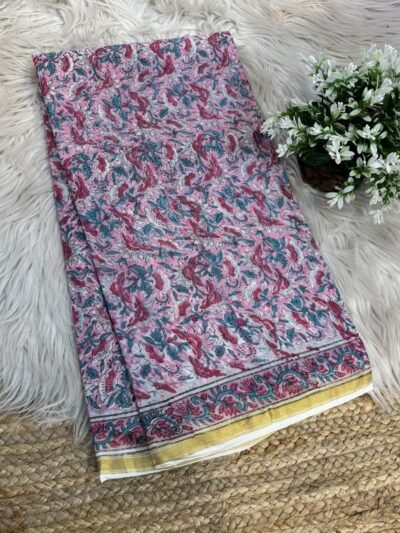 Handblock printed saree with zari border Grey