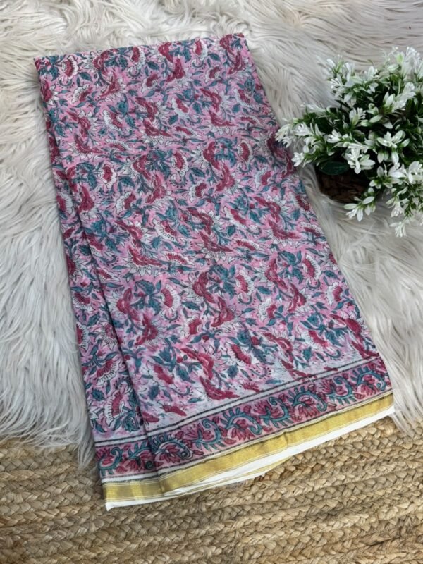 Handblock printed saree with zari border Grey