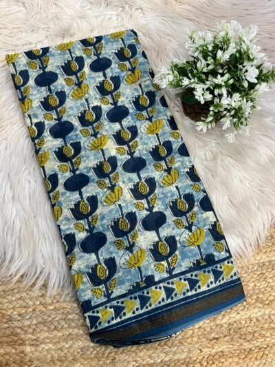 Handblock printed saree with zari border Grey