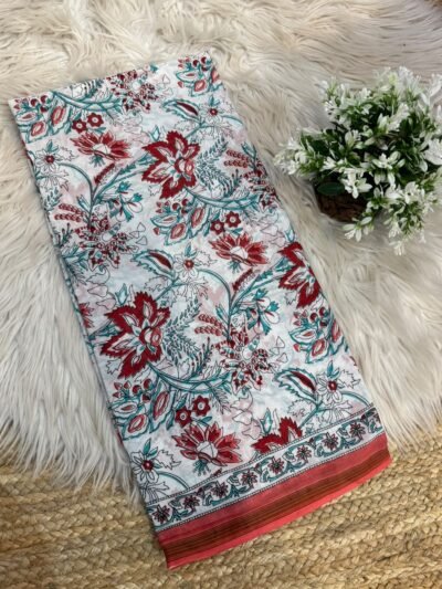 Handblock printed saree with zari border Orange
