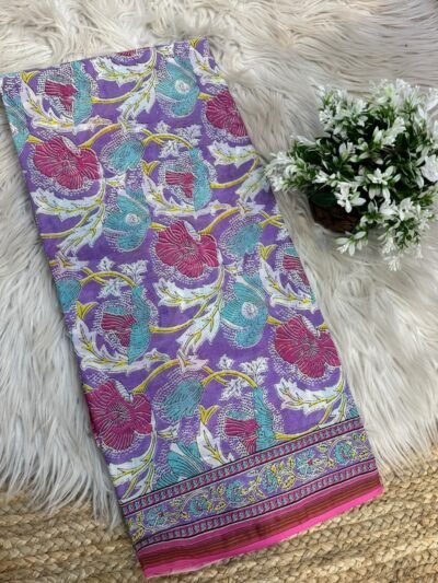 Handblock printed saree with zari border Grey