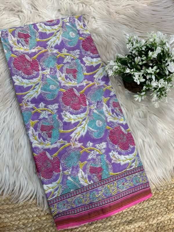 Handblock printed saree with zari border Grey