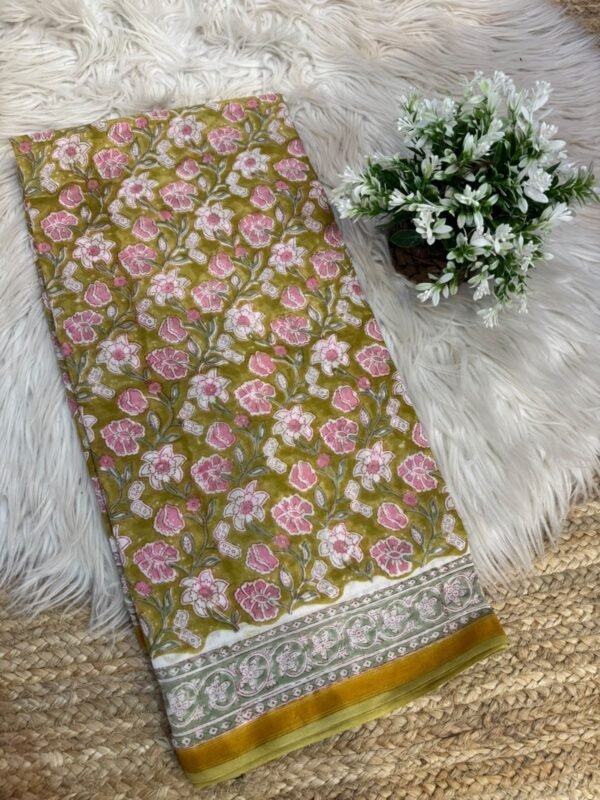 Handblock printed saree with zari border Yellow