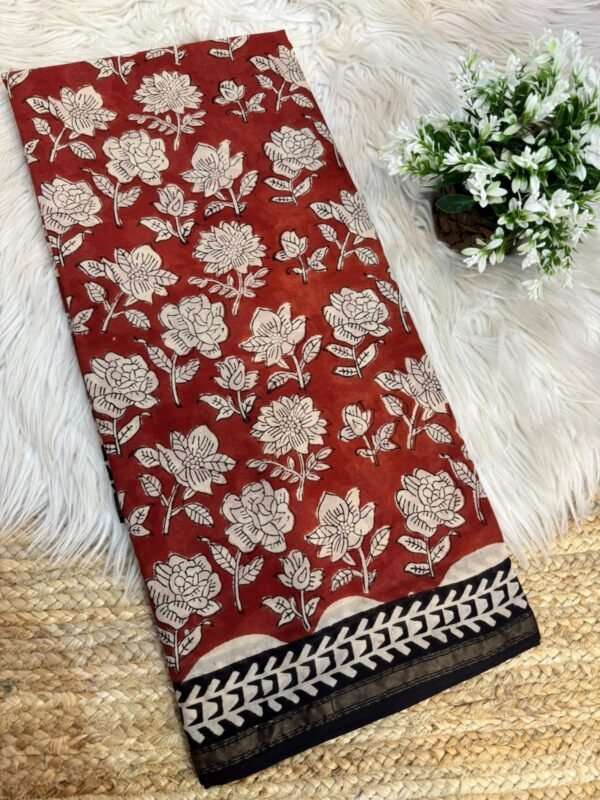 Handblock printed saree with zari border Orange