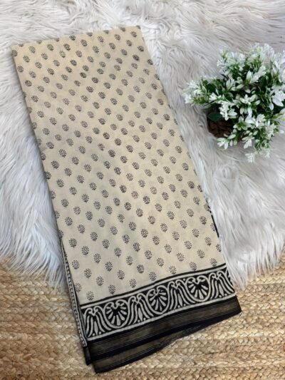 Handblock printed saree with zari border Yellow