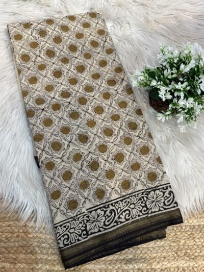 Handblock printed saree with zari border Yellow
