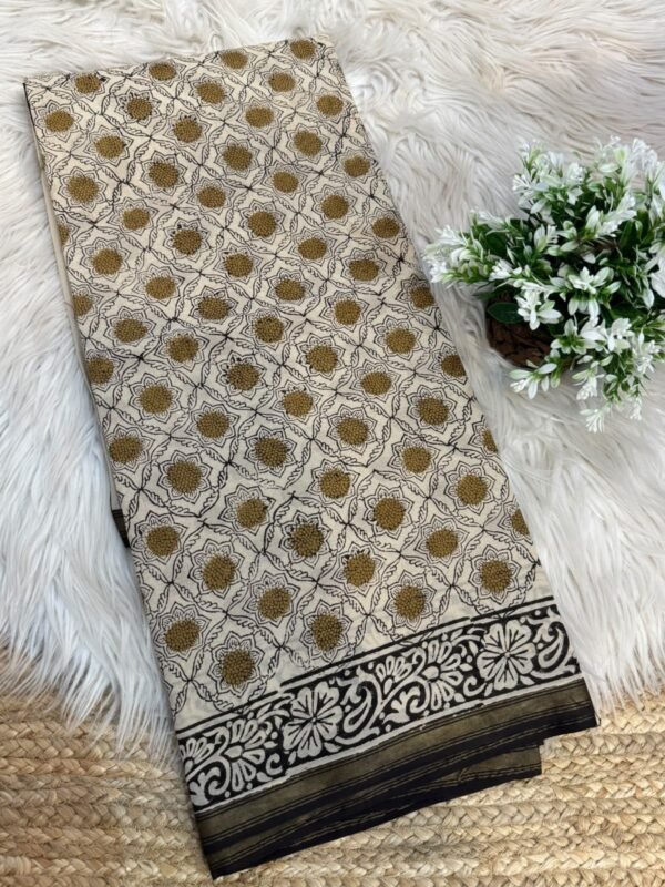 Handblock printed saree with zari border Yellow