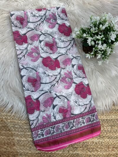 Handblock printed saree with zari border Magenta