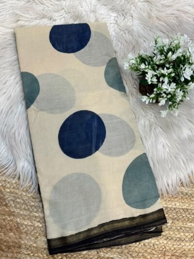 Handblock printed saree with zari border Grey