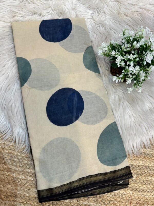 Handblock printed saree with zari border Grey