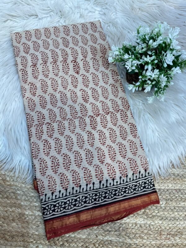 Handblock printed saree with zari border Grey