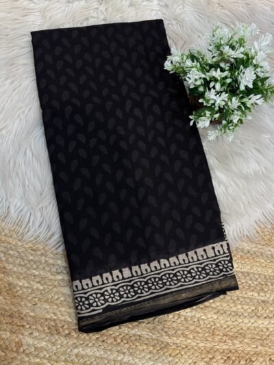 Handblock printed saree with zari border Brown