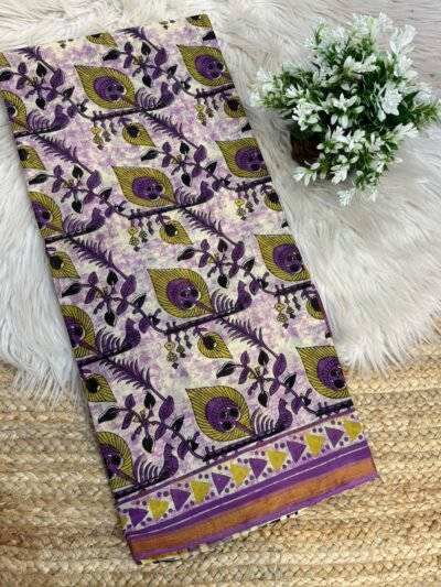Handblock printed saree with zari border Brown