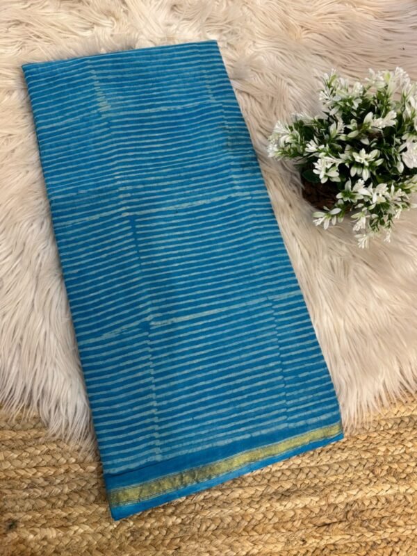 Handblock printed saree with zari border Teal