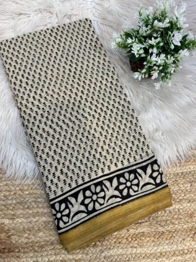 Handblock printed saree with zari border Yellow