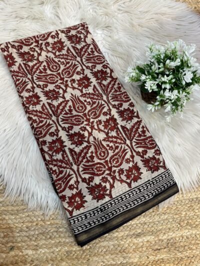 Handblock printed saree with zari border Brown
