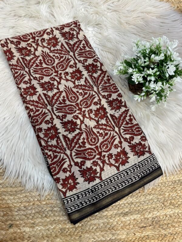 Handblock printed saree with zari border Brown