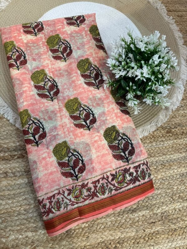 Handblock printed saree with zari border Orange