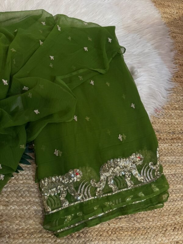 Heavy sequins work saree Dark Green