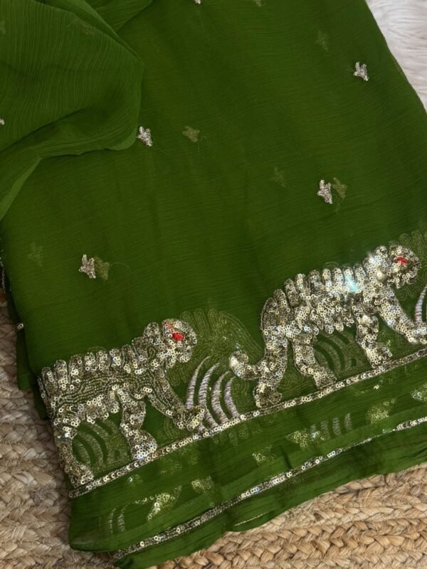 Heavy sequins work saree Dark Green