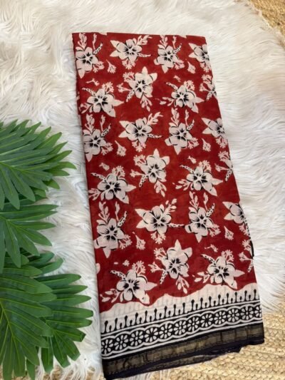 Handblock printed with zari border Brown