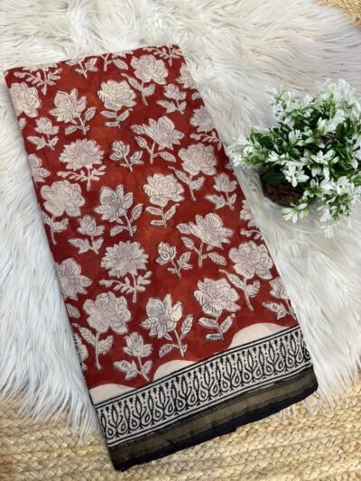 Handblock printed with zari border Orange