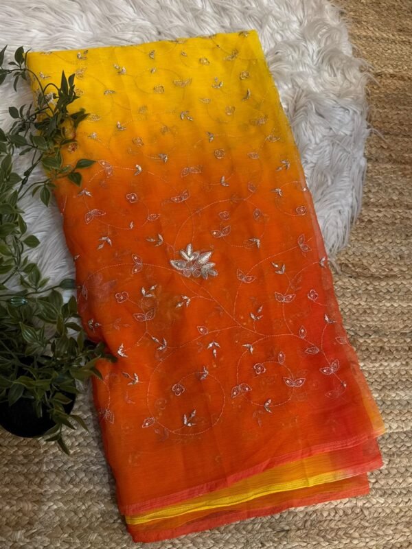 Multi colour jaal work saree Orange