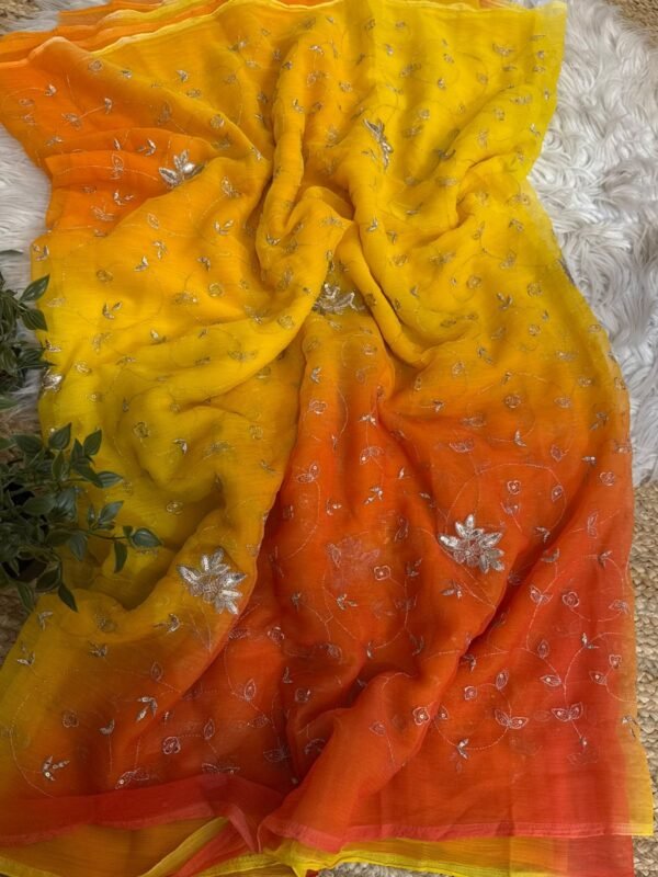 Multi colour jaal work saree Orange