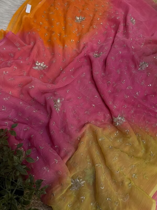 Multi colour jaal work saree Red