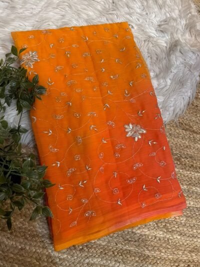 Multi colour jaal work saree Orange